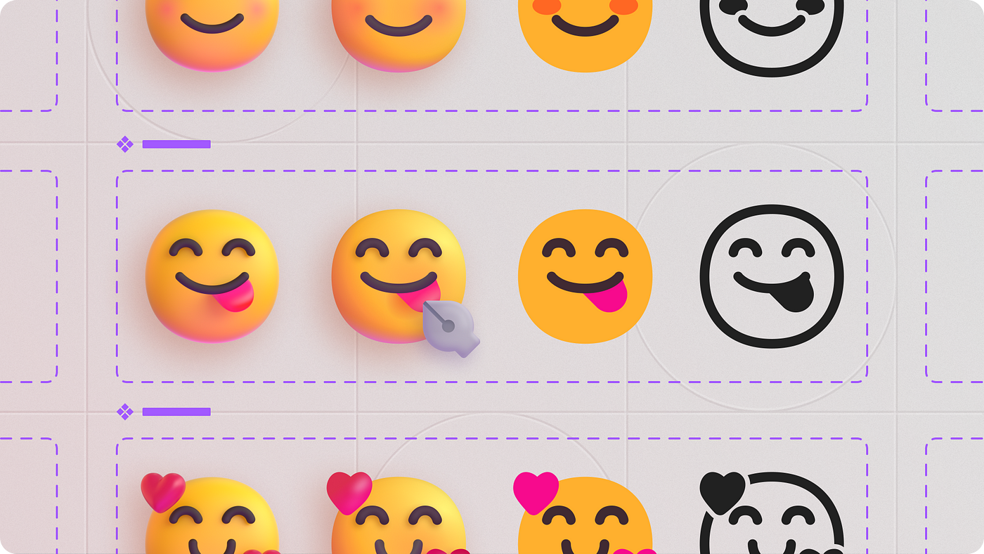 There’s four cheeky emoji in a row. The first is 3D, the second is vector with the pen tool pointed at its tongue, the third emoji is flat, and the forth, monochrome.