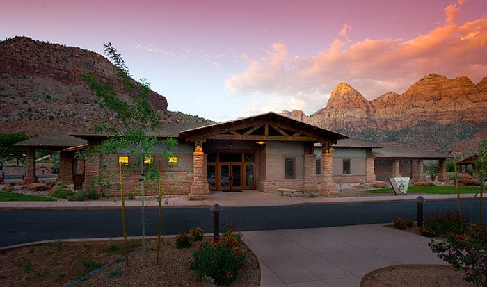 the Springdale library at sunset