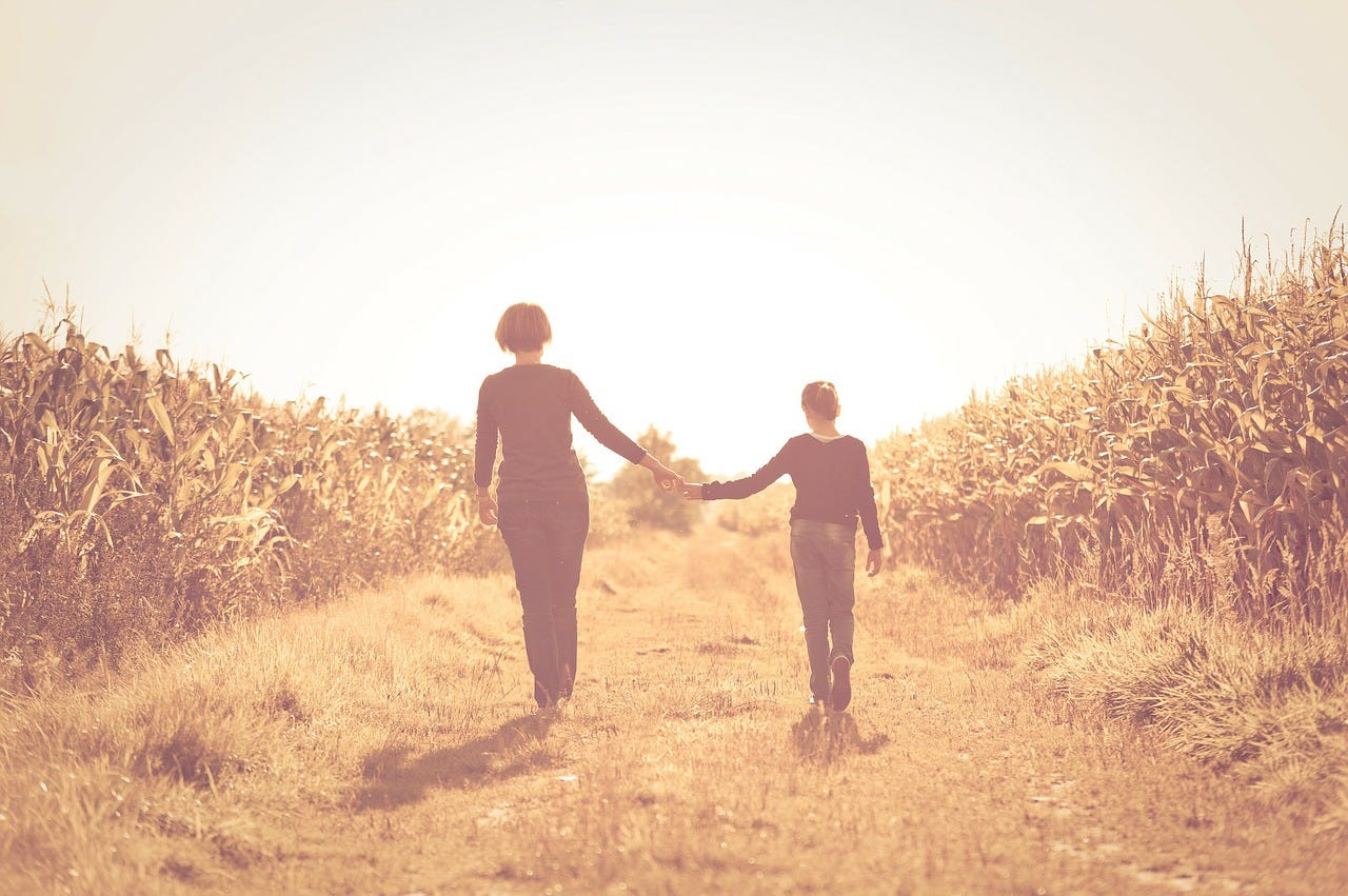 A mother and daughter walking hand in hand through a field of corn