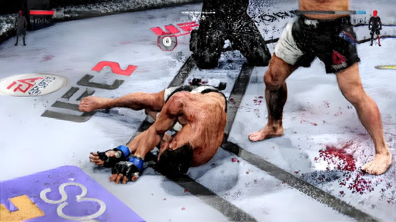 one fighter stands over the man he has knocked out. There is blood on the cage floor