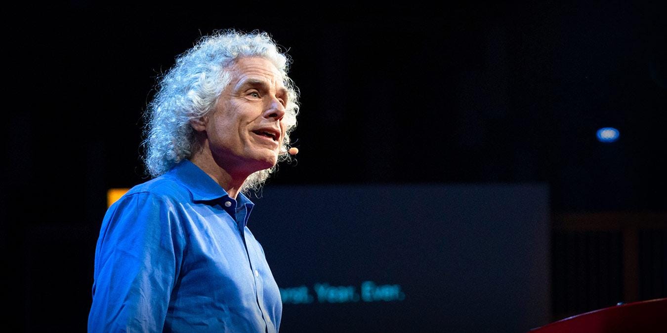A photo of Professor Steven Pinker speaking to the audience at a Ted event