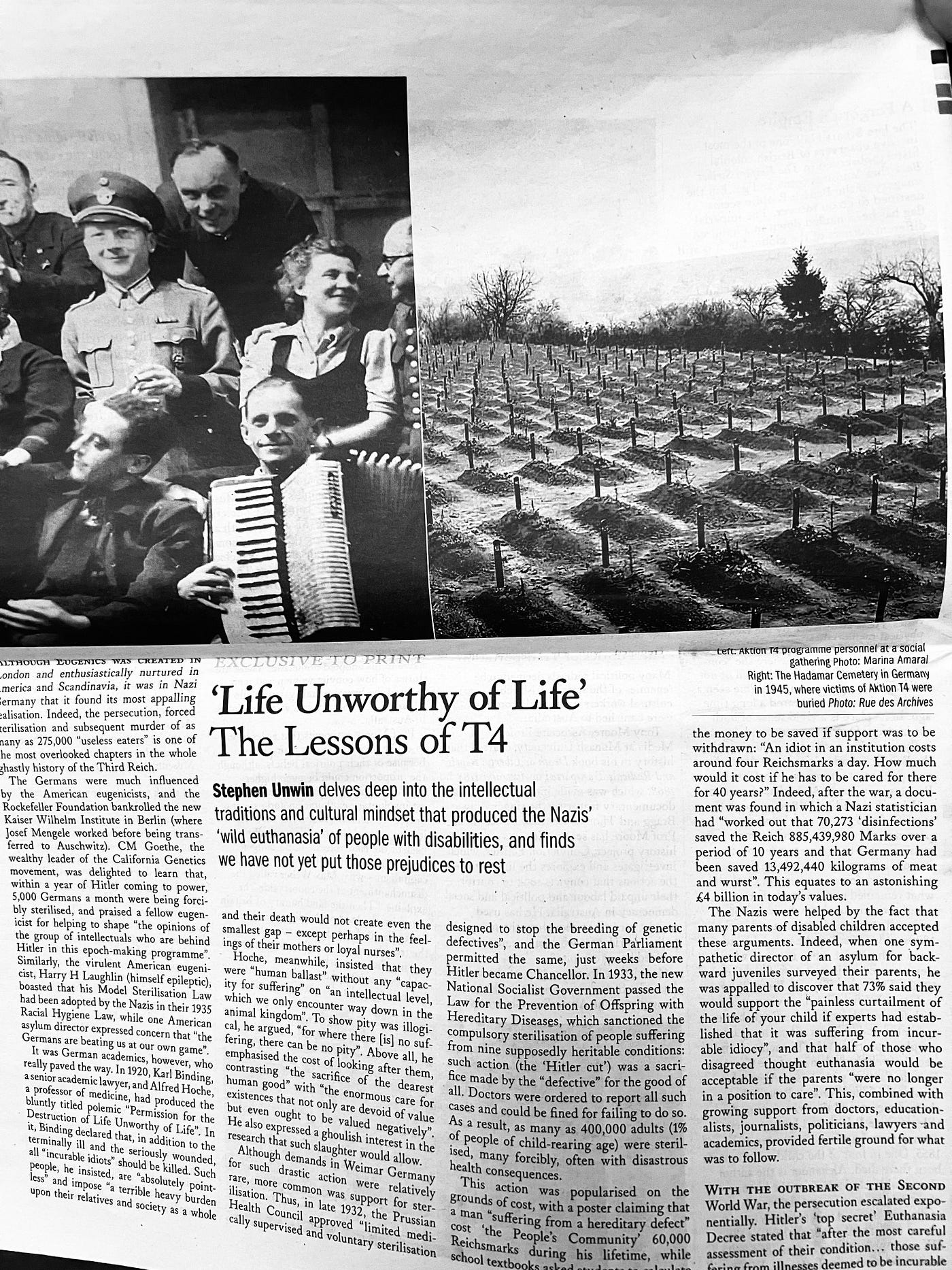 Full page of article by Steven Unwin on ‘Life unworthy of life’