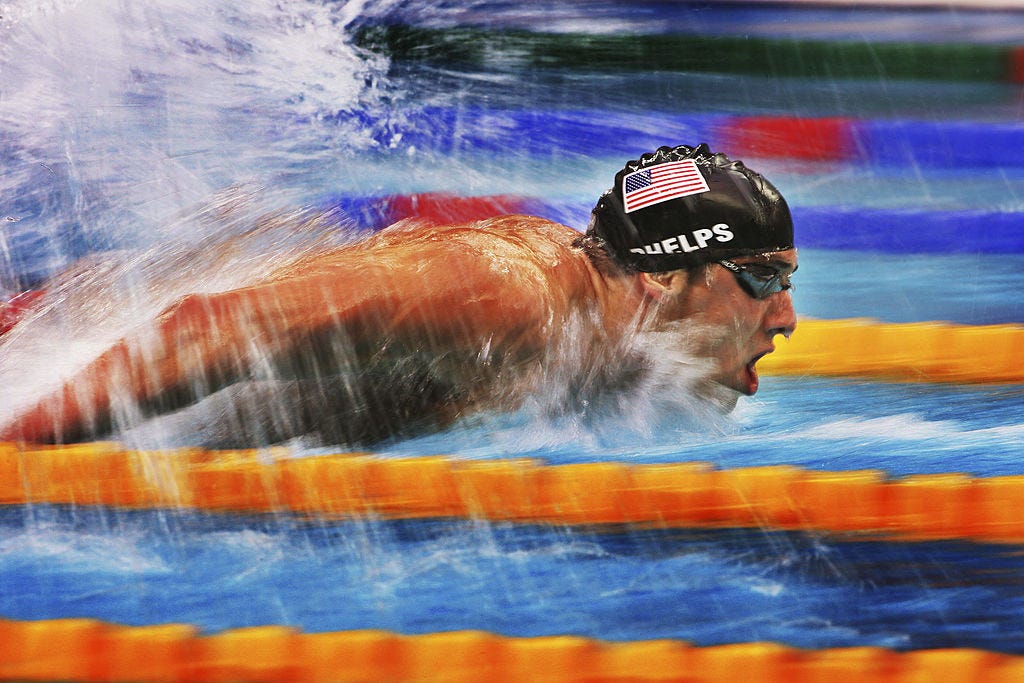 A photo of Michael Phelps swimming the 2008 Beijing Olympics 200m butterfly semi-finals.
