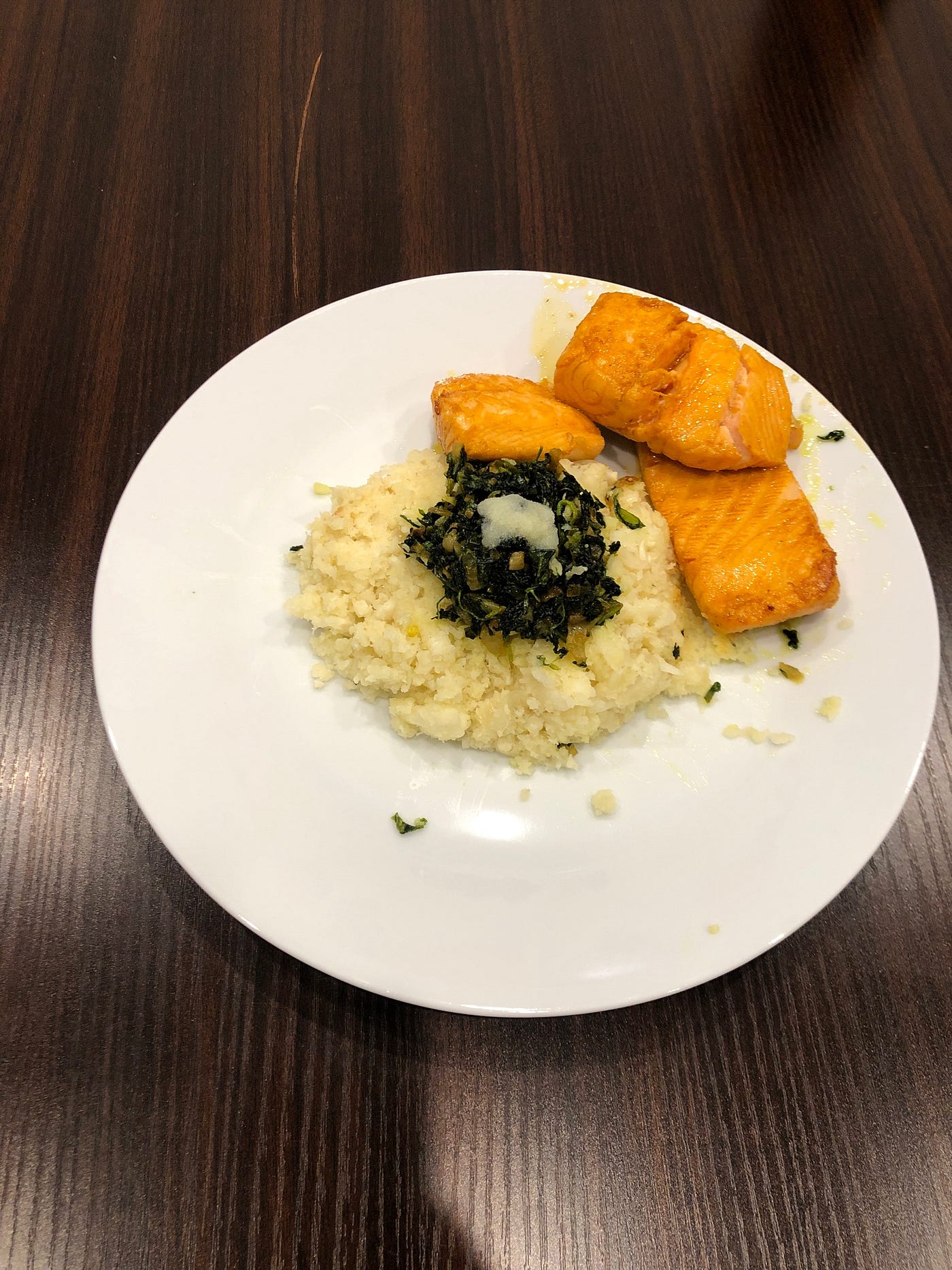 Cauliflower rice, Methi with Ghee and Salmon fry with Indian spices.