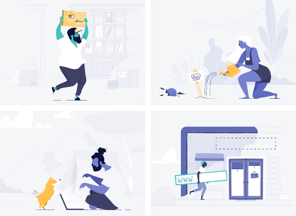 Four different illustrations used at Shopify to playfully visualize different actions related to growing their store
