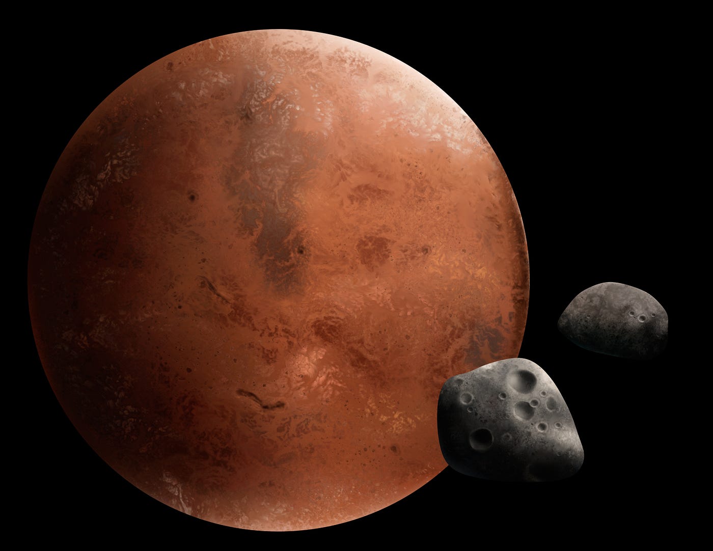 Mars is pictured here with its two moons (not to scale)
