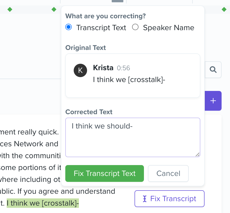 A form on a website showing highlighted text and a field to submit what the text should actually say