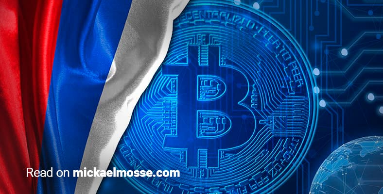 Russian flag with bitcoin on the background, for Mickael Mosse crypto and blockchain advisor article