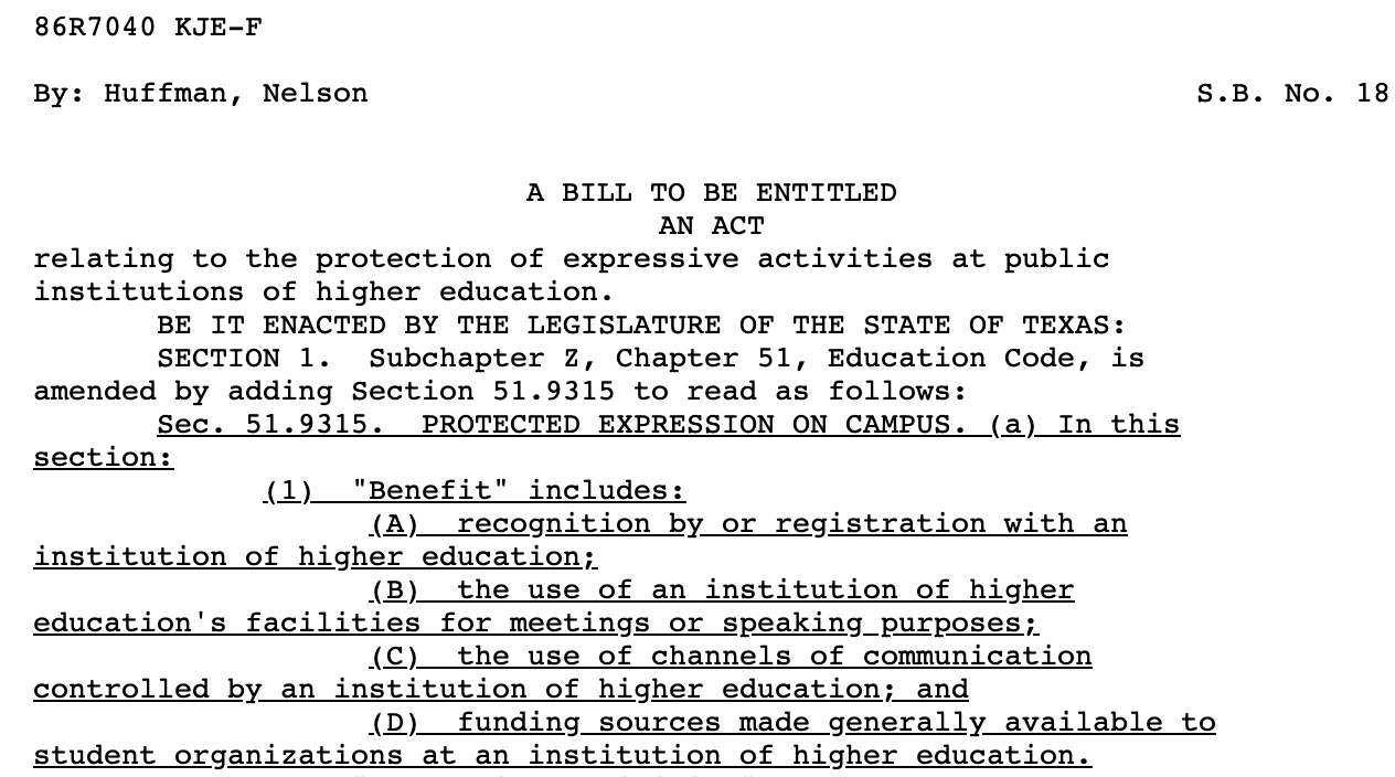 New Texas Law Reinforcing First Amendment on College Campuses by