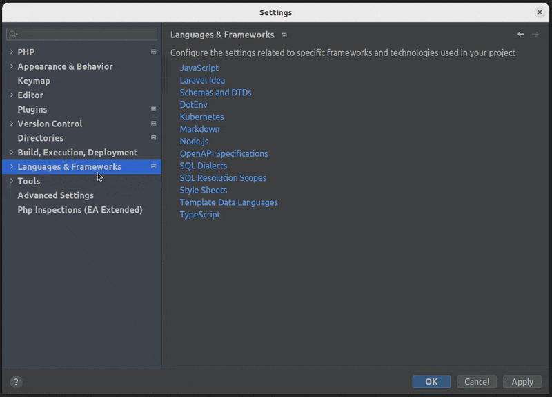 JavaScript and Node.js language settings