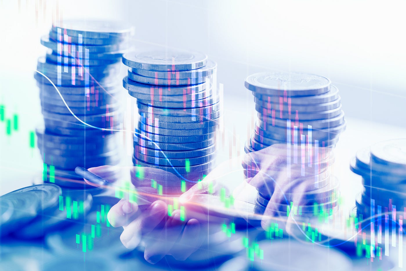 A double exposed image with a stock market concept, showing stacks of coins, hands tapping a smartphone, and a trading graph.