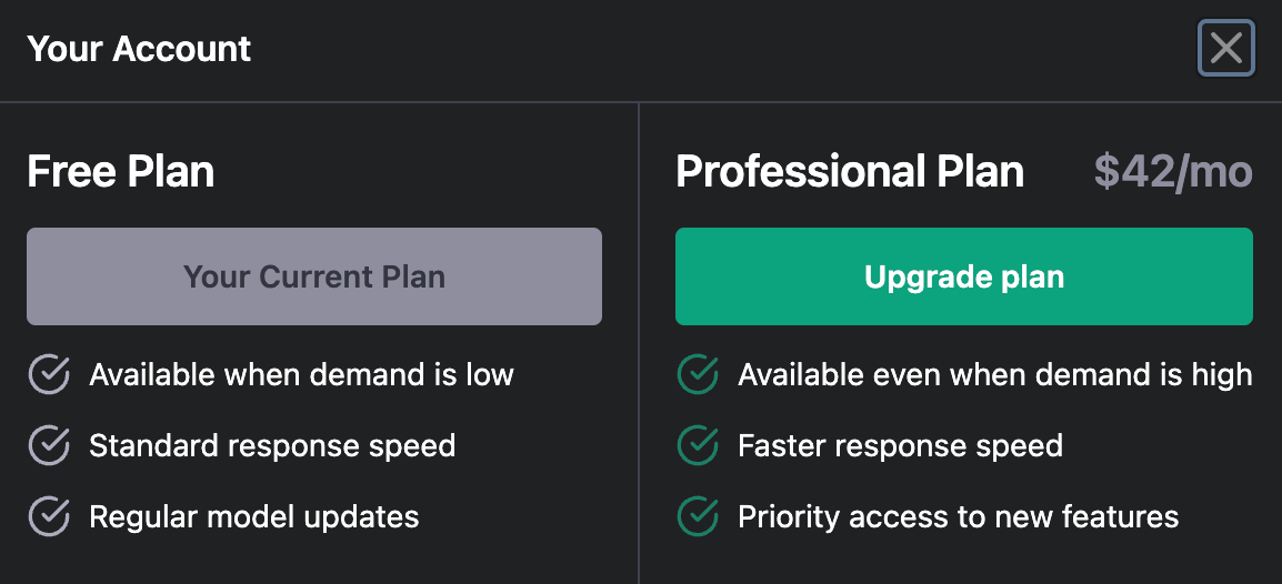 ChatGPT: Professional Plan available for 42 USD 