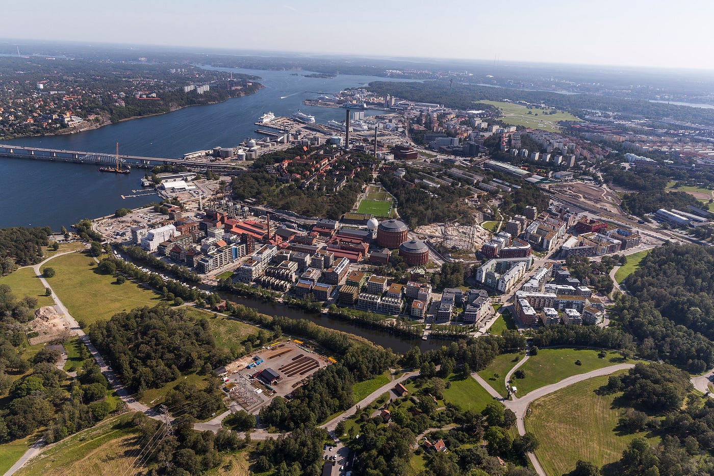 An aerial view of the Royal Seaport development in Stockholm, looking south.