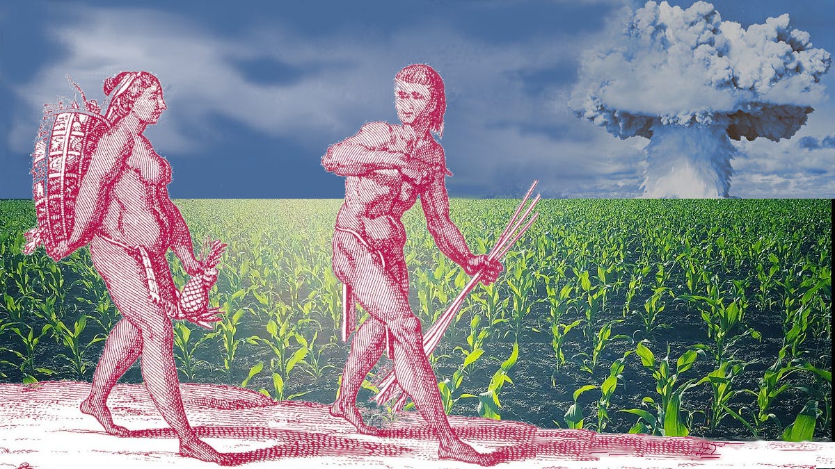 Male and female hunter gatherer pair entering cornfield with a thermonuclear mushroom cloud in the distance