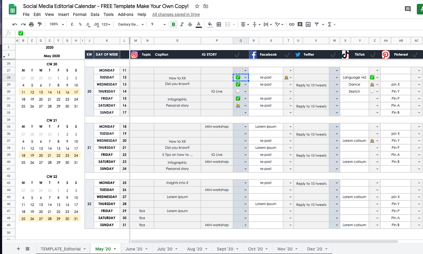 How To Plan Your Social Media in 2020 as an individual or small company —  FREE Google Sheets Editorial Calendar Template | by Gracia Kleijnen |  Google Sheets Geeks | Medium