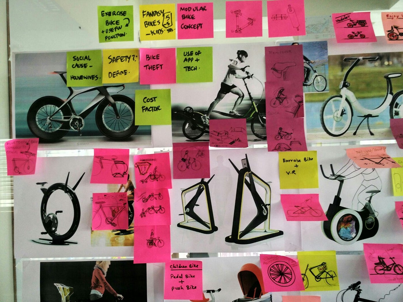 post it notes and images containing different ideas for designing the new modular bicycle, mainly for defining the form.