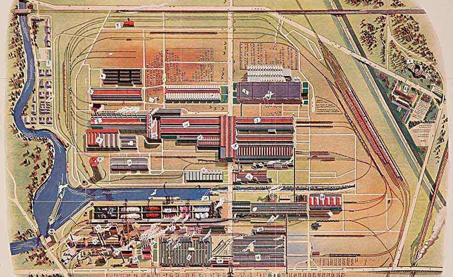 A stylised map or schematic of the Ford complex at River Rouge in Michigan.