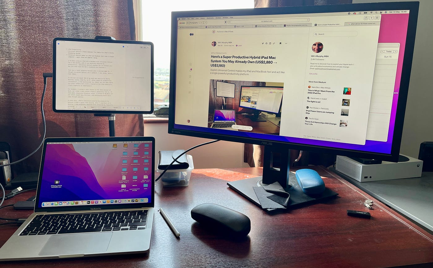 A photograph of my iPad Pro 12.9", Mac, and external monitor sitting on my desk.