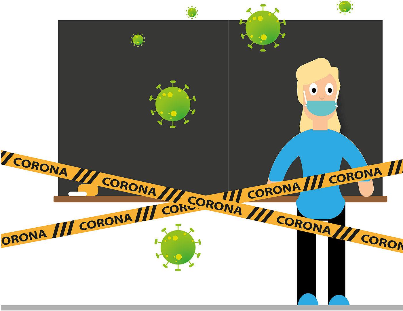 Image of teacher in classroom with a face mask and hazard tape in front of her with coronavirus spikes around