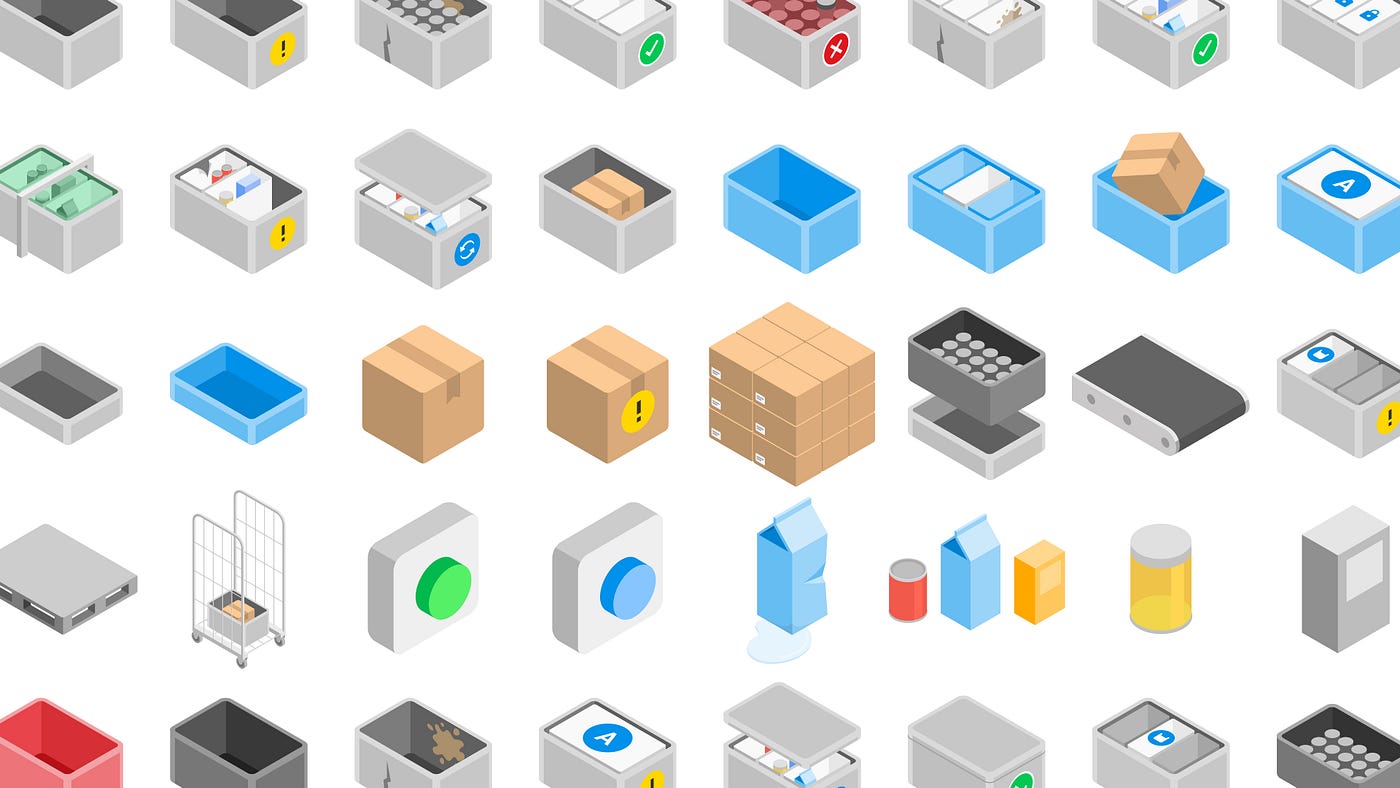 Illustrations of plastic crates, packages, groceries and machinery shown in a grid