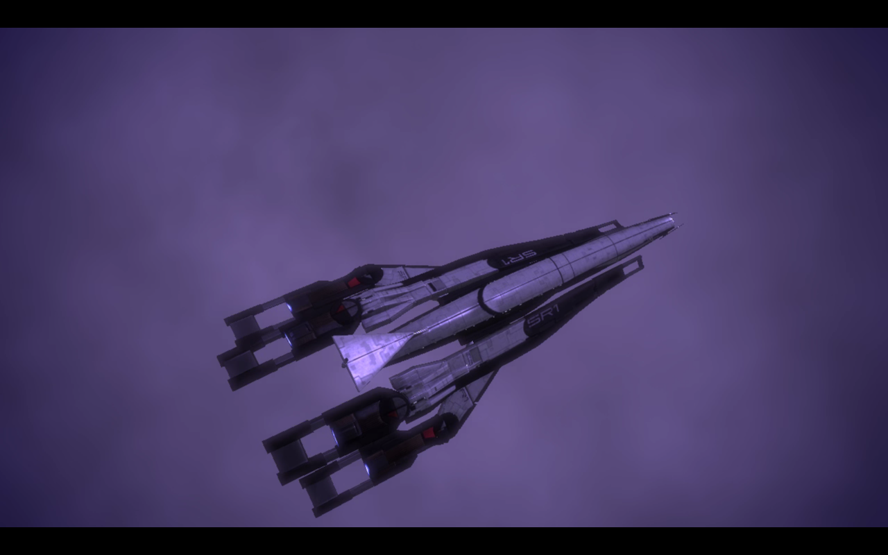Screenshot of the spaceship in Mass Effect, named the Normandy