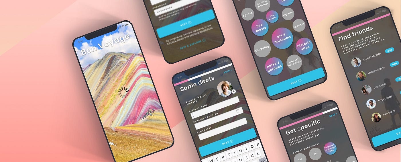 Mobile screens showing onboarding for a travel app