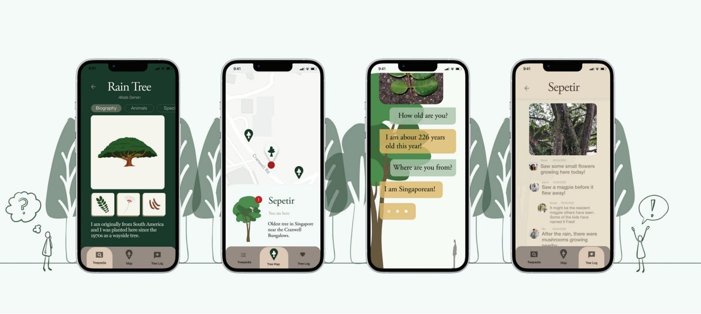 From left to right: Treeline provides information about trees. They can locate and interact with the trees to learn more about the tree’s history. Lastly, the public has a chance to contribute to a tree’s living history