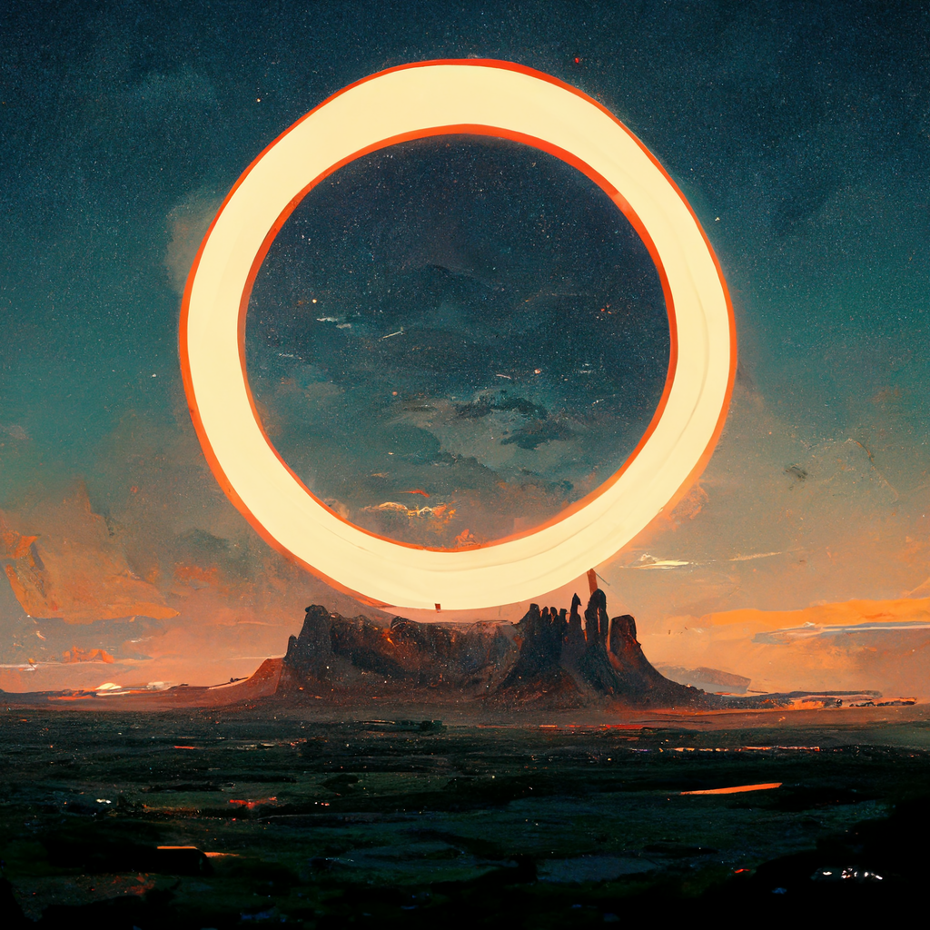 A yellow ring of light looms massive in the sky, rimmed with an orange halo. It’s on a sunset sky, directly above a rocky mountain range in the middle of the desert. It evokes Close Encounters of the Third Kind, but with a wider and shorter mountain.