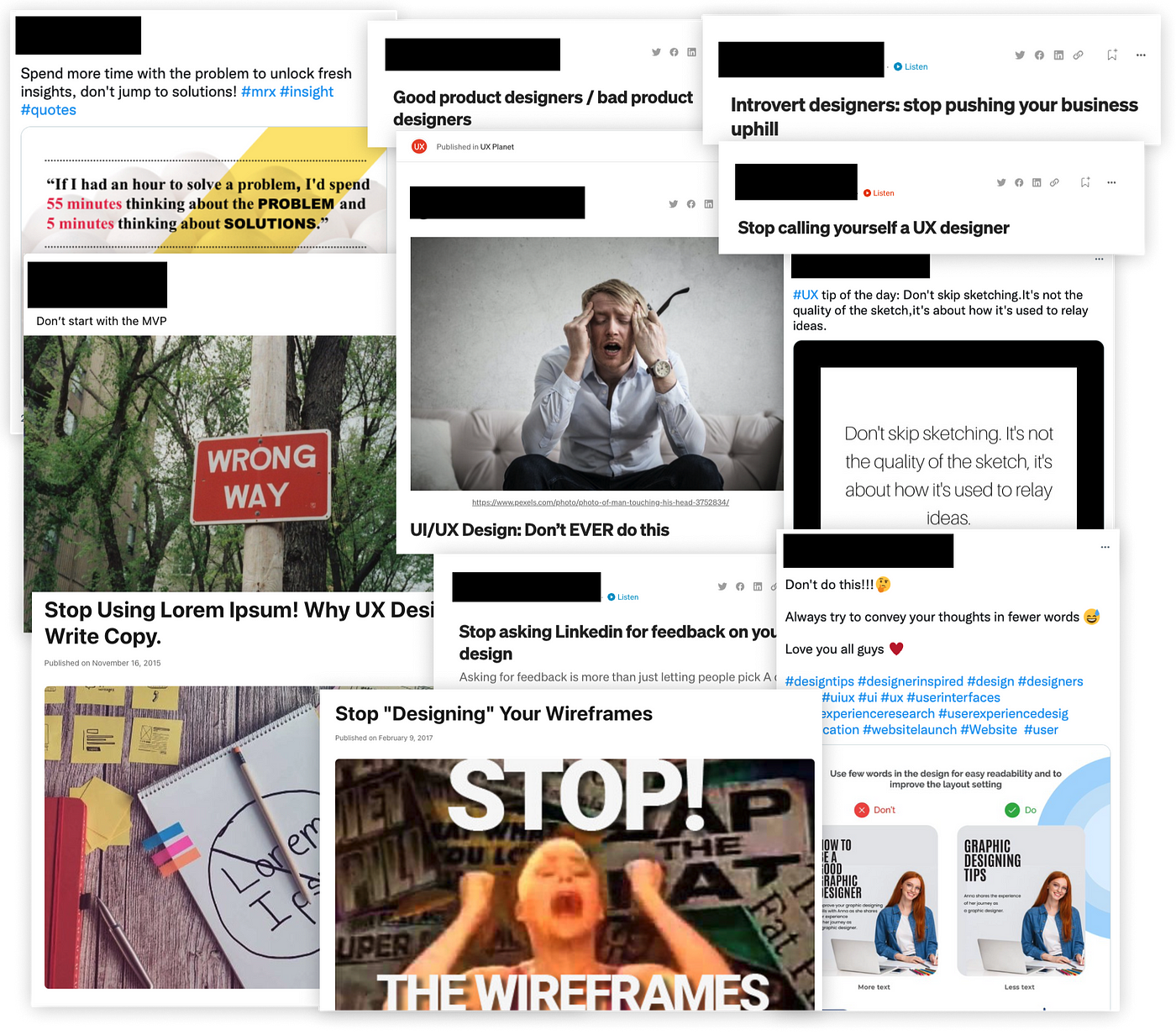 A collage of social media posts, many starting with the words “Don’t” or “Stop,” giving design advice.