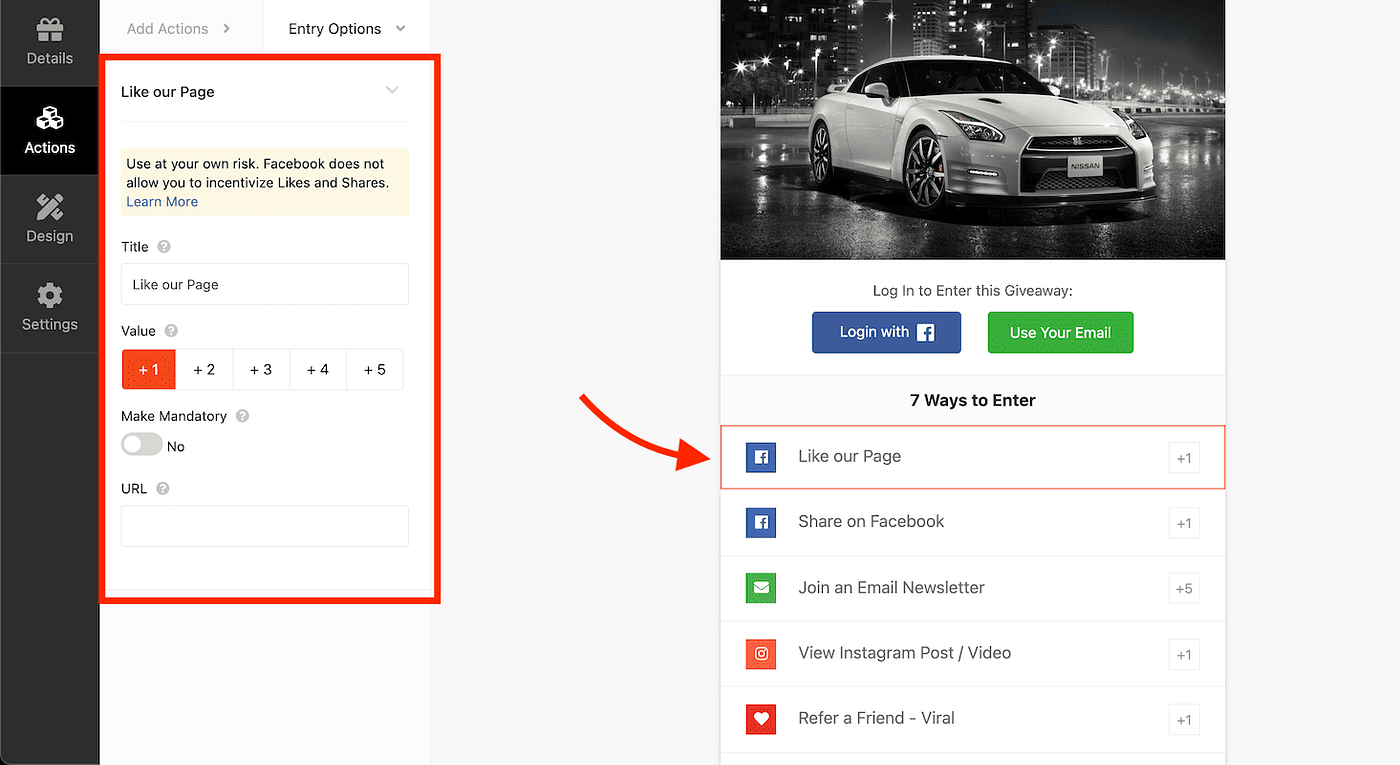 An image of car with a caption login to enter this giveaway with option to login with Facebook and use your email.