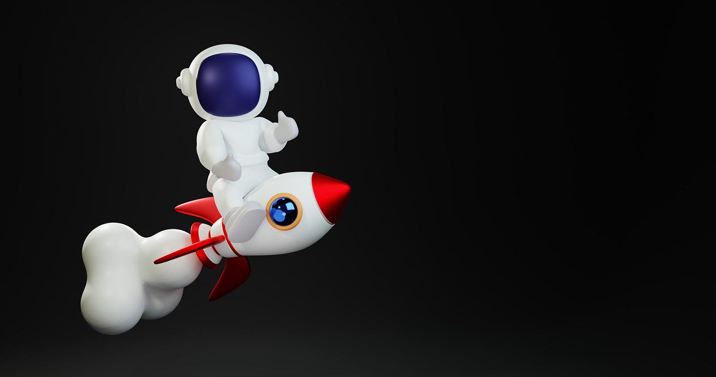 A humorous image of an astronaut. Against a black backdrop, an astronaut sits on a small rocket and flies through space. The rocket is emitting a white cloud of exhaust — or perhaps whipped cream.