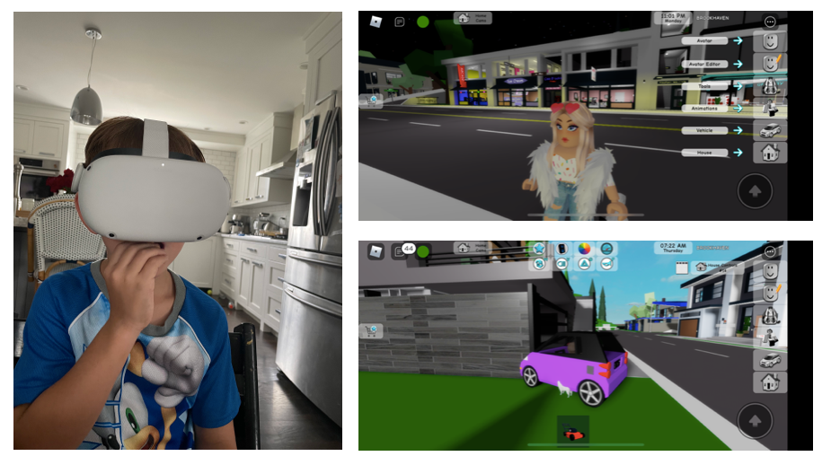 Metaverse children: VR breakfast and Roblox avatar.