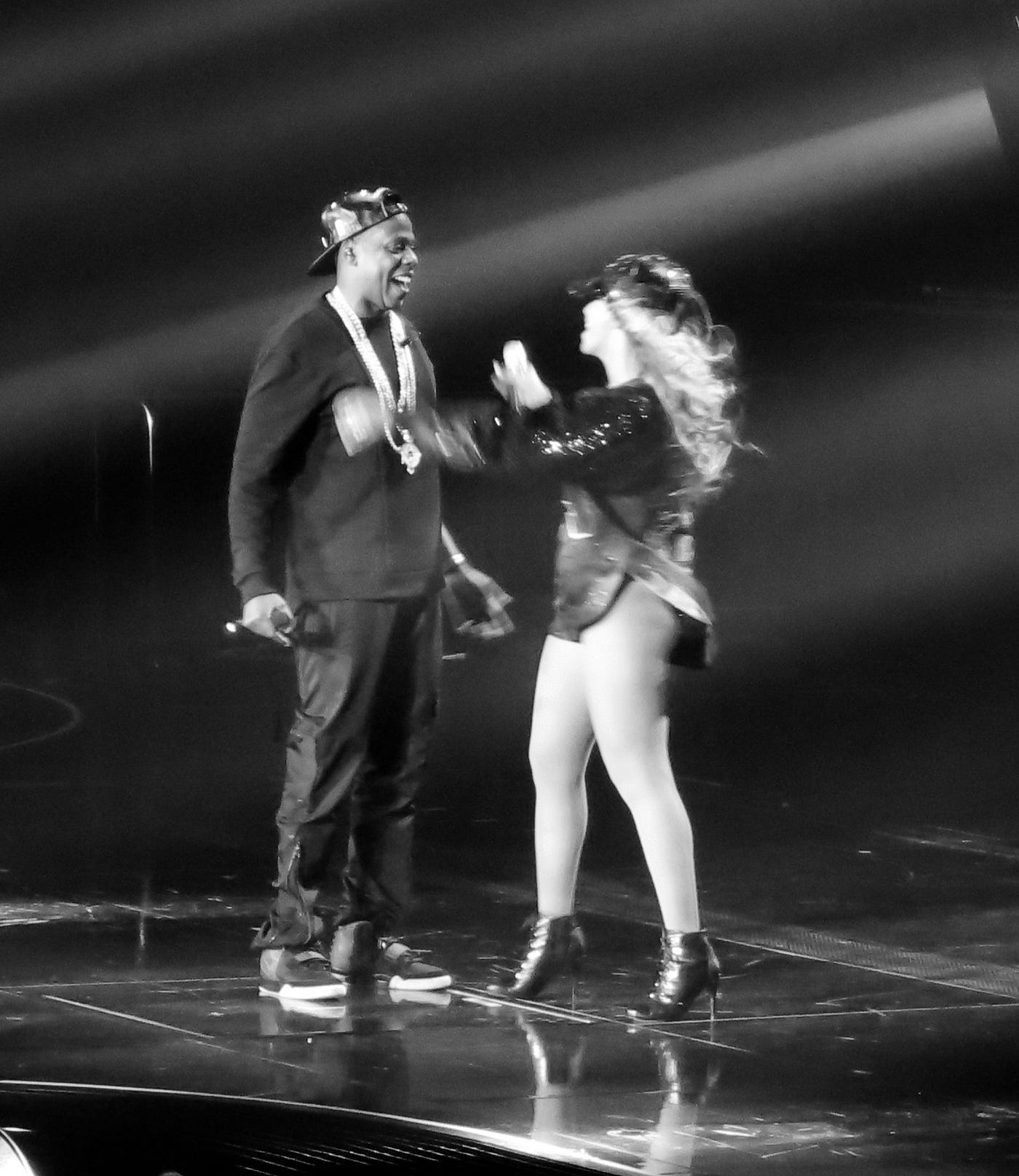 Jay Z and Beyonce on stage in Black and white photo, life, culture. the oscars, television, will smith, human rights. purpose, humanity