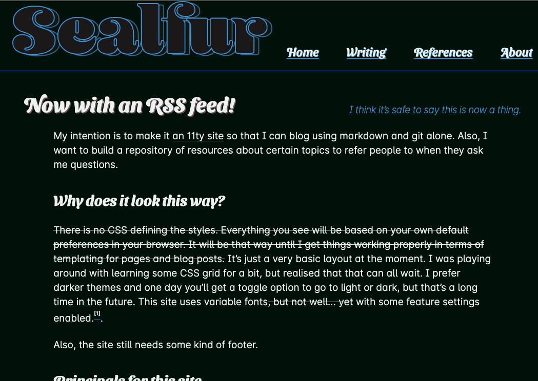 A screenshot of the homepage of sealfur-dot-com. Dark background, light text, simple layout.