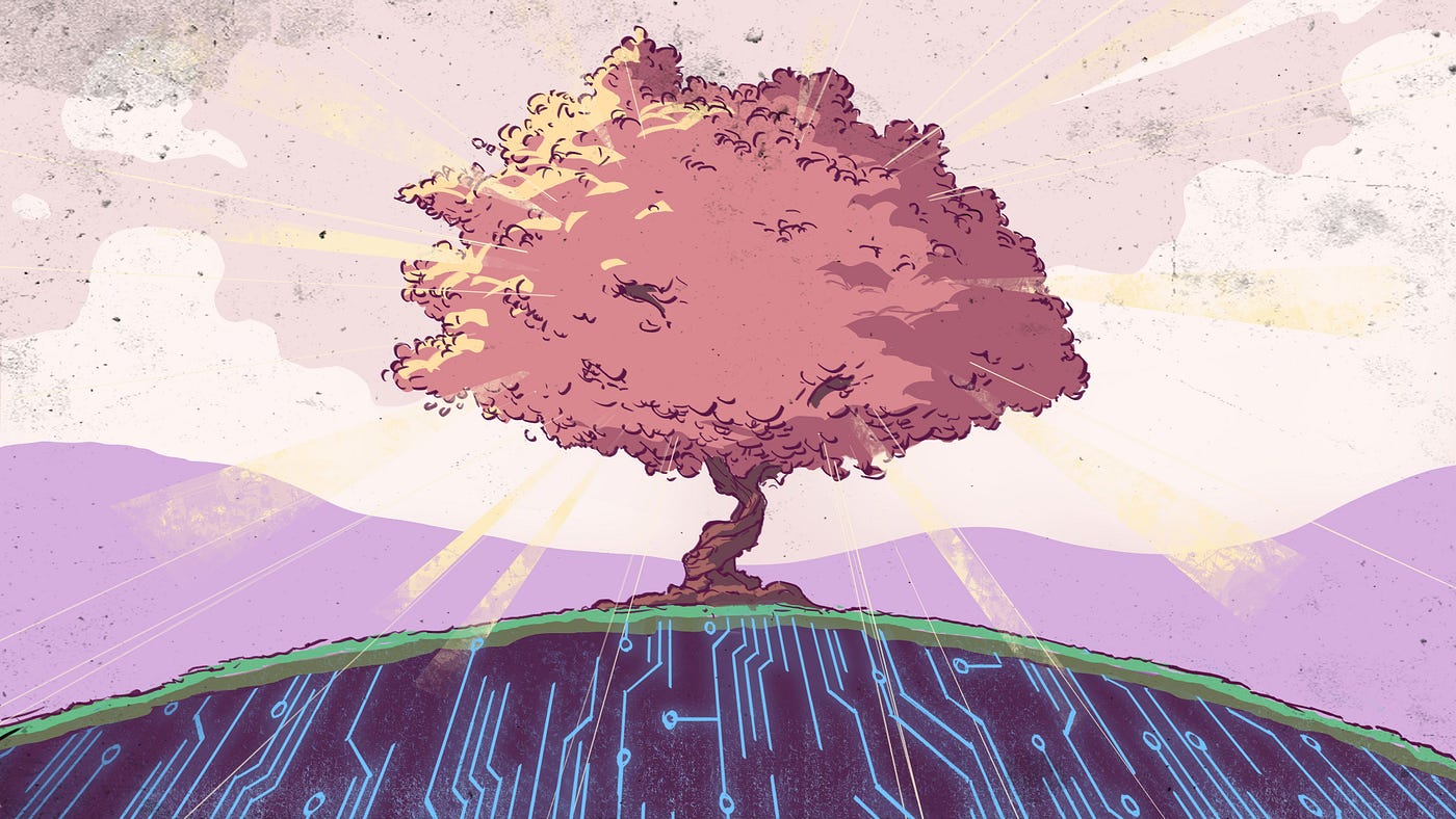 In this illustration, a rose-hued tree, purple mountains, and a pale pink sky sit atop the earth. Beneath the tree, the roots are depicted as blue streams of data, a metaphor for how we might teach AI and adapt tech in order to contributing to the health of our planet.