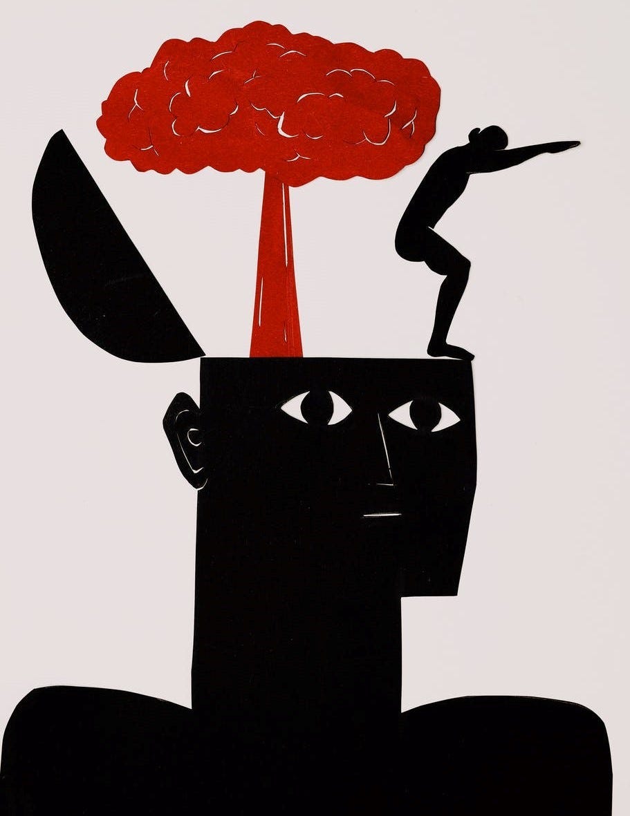A drawing of the shoulders and head of a dark character with a mushroom cloud coming from their head and a figure diving off of the head.