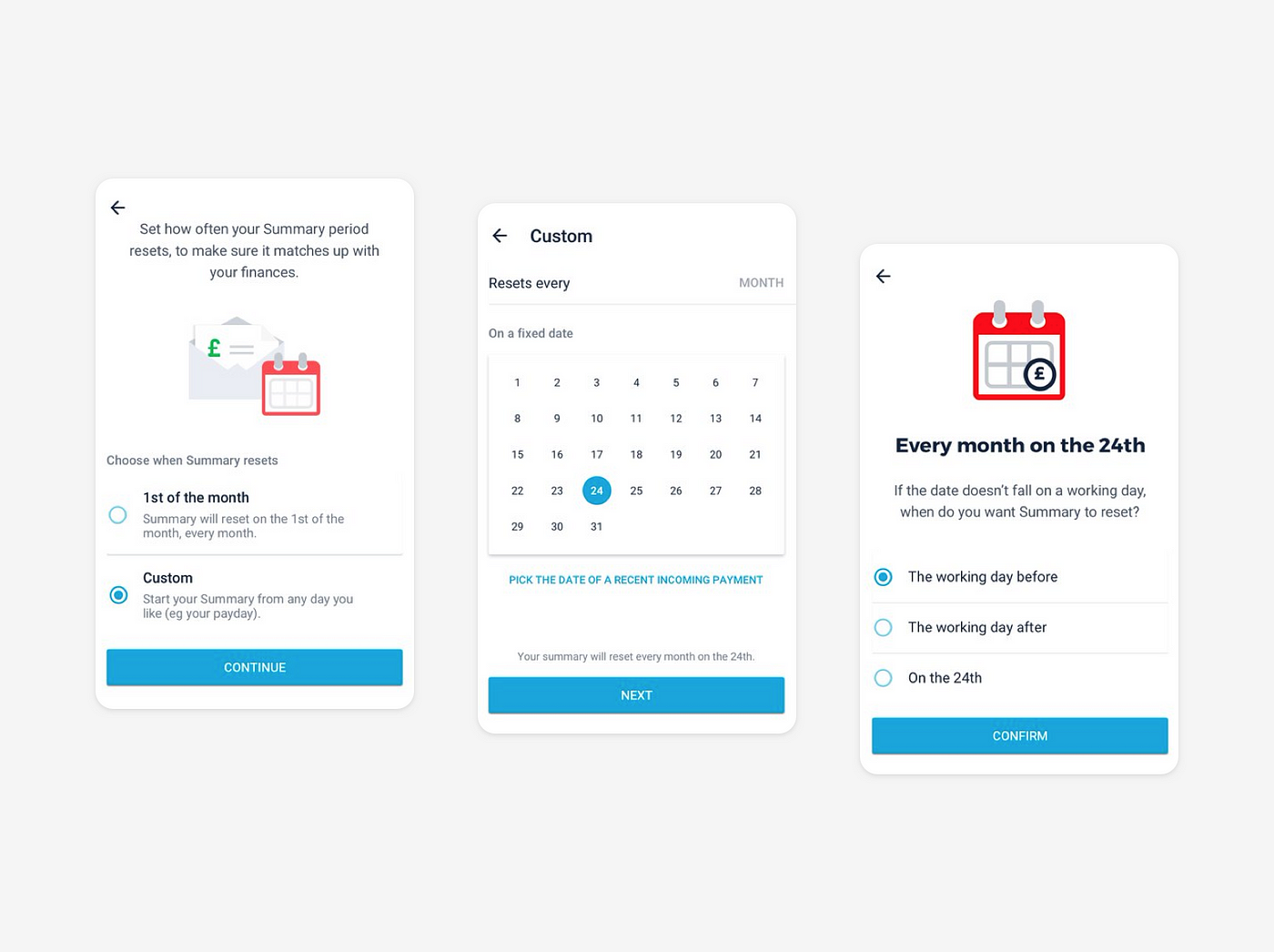 Example screens from Monzo app showing how to set up Summary period by selecting custom dates, for example payday to payday