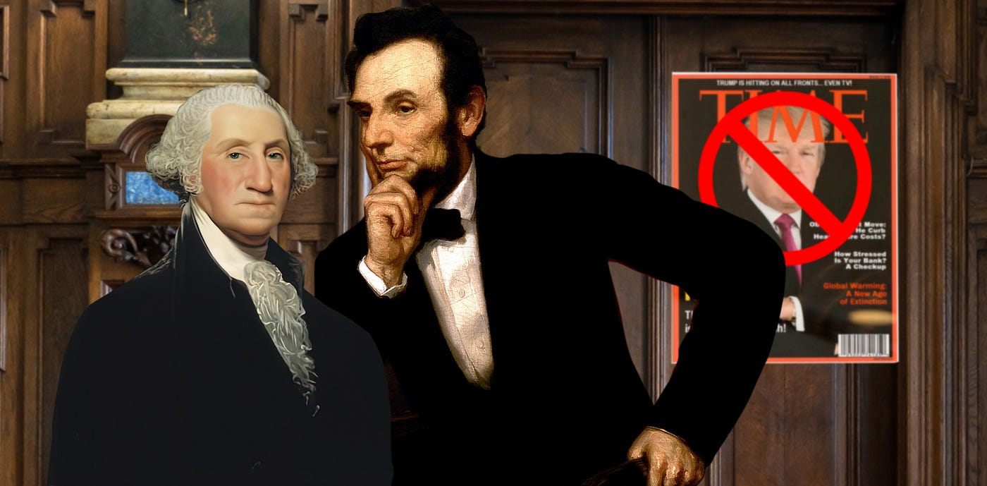 Lincoln and Washington in front of poster banning Trump