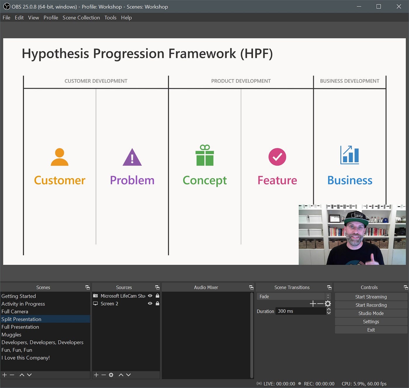 Screenshot of OBS showing a split presentation view with a PowerPoint slide and a camera feed of the presenter in the corner