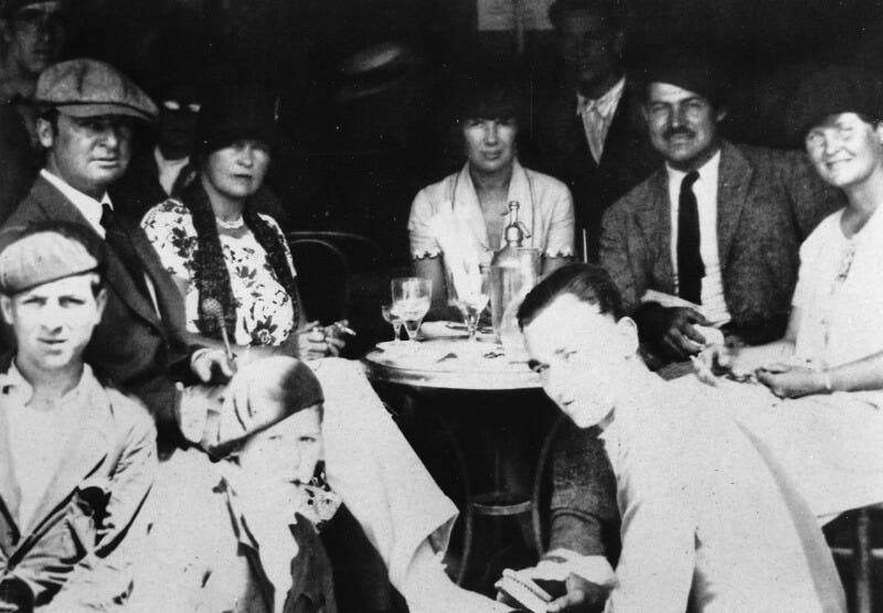 Ernest Hemingway at a cafe with friends (left to right: Gerald Murphy and Sara Murphy, Pauline Pfeiffer, Ernest Hemingway and Elizabeth Hadley Richardson), 1926