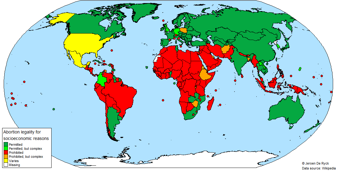 World map of the legality of abortion for socioeconomic reasons