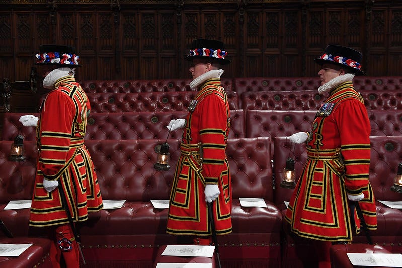 The Grenadier Guards line up outside Parliament ahead of the Queen’s arrival at the State Opening in October 2019.