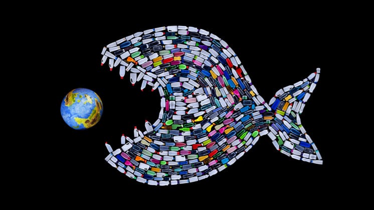 A whale made of plastic is eating the planet