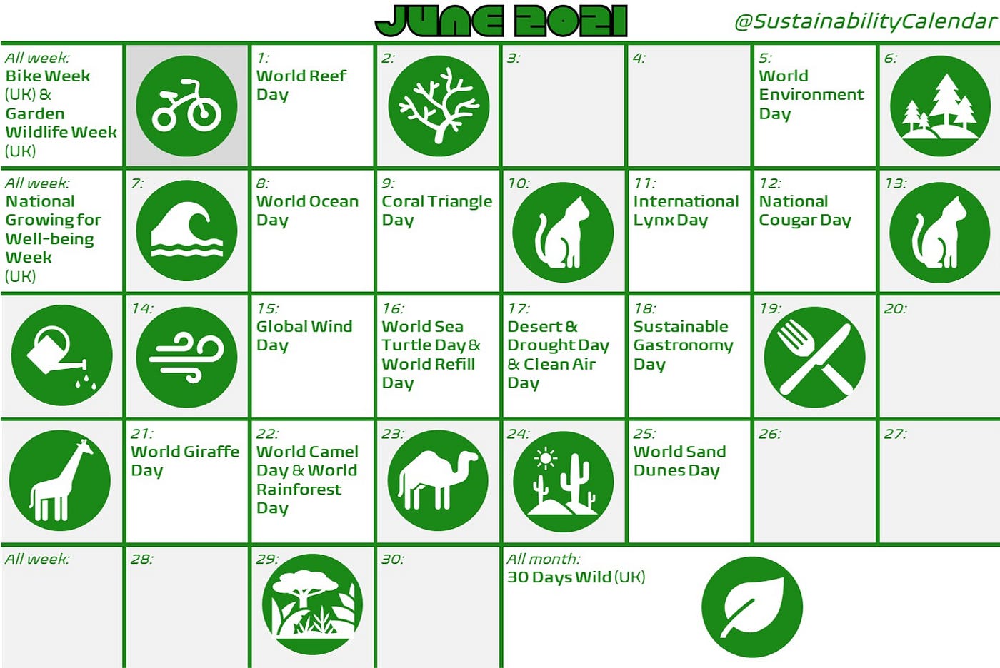 Sustainability Calendar What S Happening In June 21 By Kevin Jones Sustainability Calendar Medium