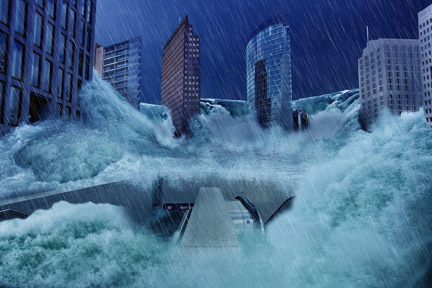 A city of skyscrapers with rain pouring down and huge waves of water flooding more than halfway up the buildings.