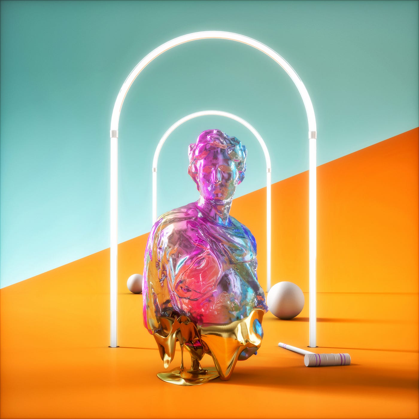 A computer futuristic-y colorful rendering of a crystallized statue, croquet hoops, a couple croquet balls, and a mallet.