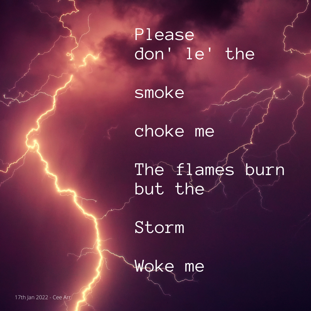 Poetry graphic with lightning bolts and moody clouds. Poetry can be found in the main text body.