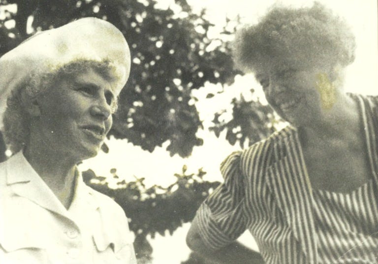 two smiling women in conversation