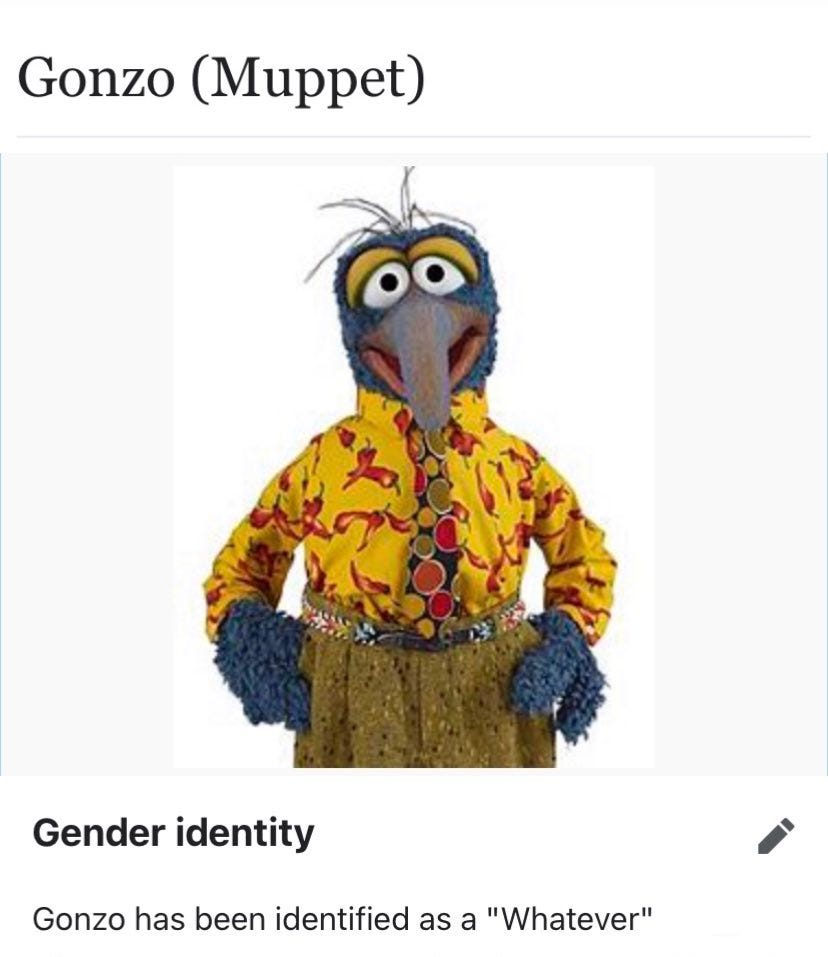 Une capture du wikipedia de Gonzo le muppet qui explique que son identité de genre a été décrite comme “whatever”