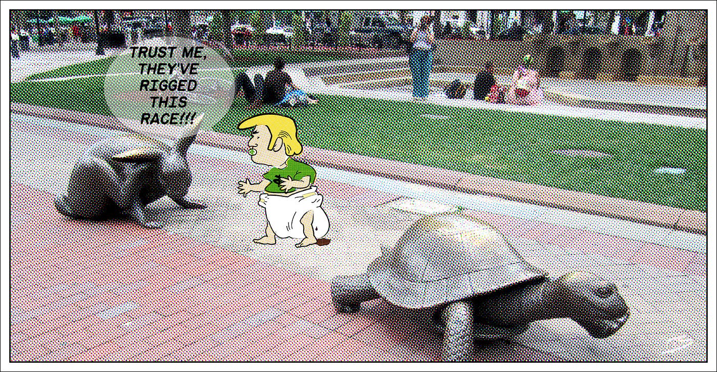 Baby Trump tells rabbit the race with the turtle is fixed